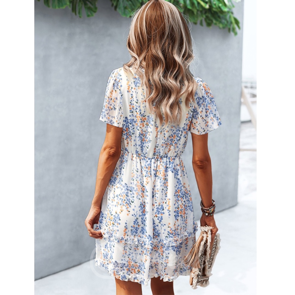 Floral White Dress Summer V-Neck Short Mini - Picture 4 of 6
